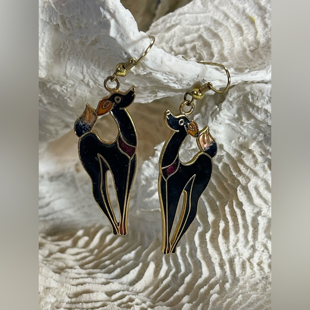 Vintage Black and Gold Dog Earrings Genuine Cloisonne